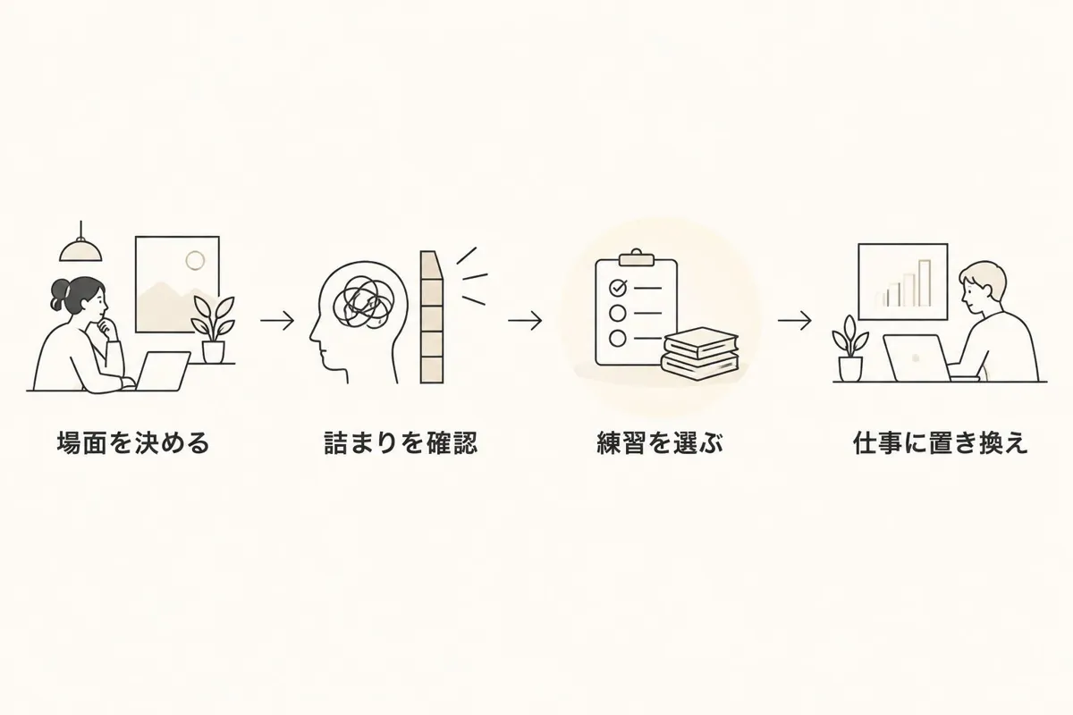 商談の場面を決め、詰まりを確認し、練習を選んで仕事に置き換える手順