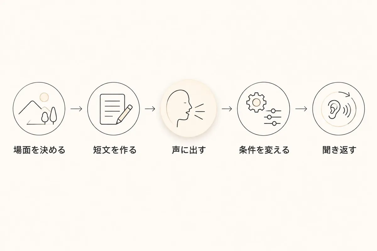 会議の場面を決め、短文を作り、発話と置き換え、聞き返しを練習する手順