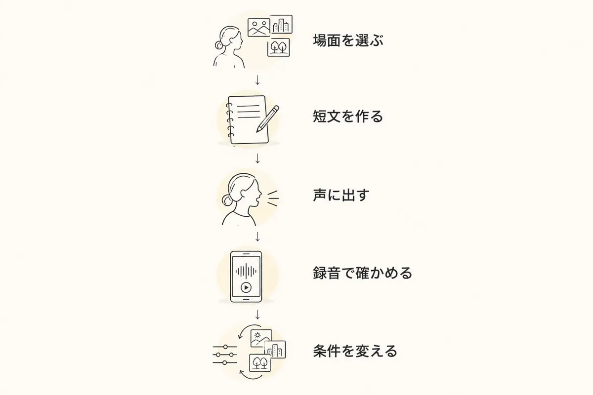 場面選びから条件を変えた発話までを示す英語練習の手順図