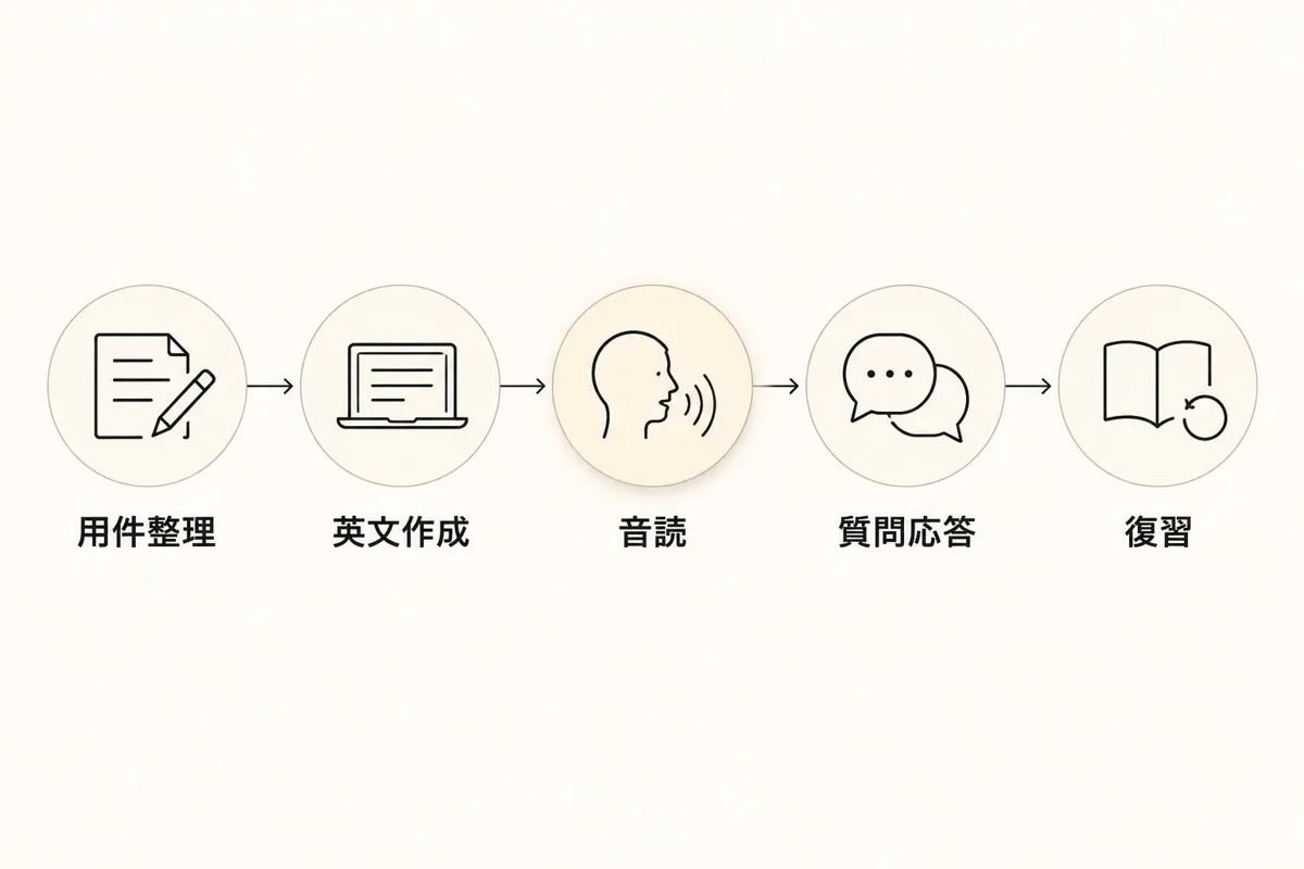 用件整理から英文作成、音読、質問応答、復習へ進む練習手順