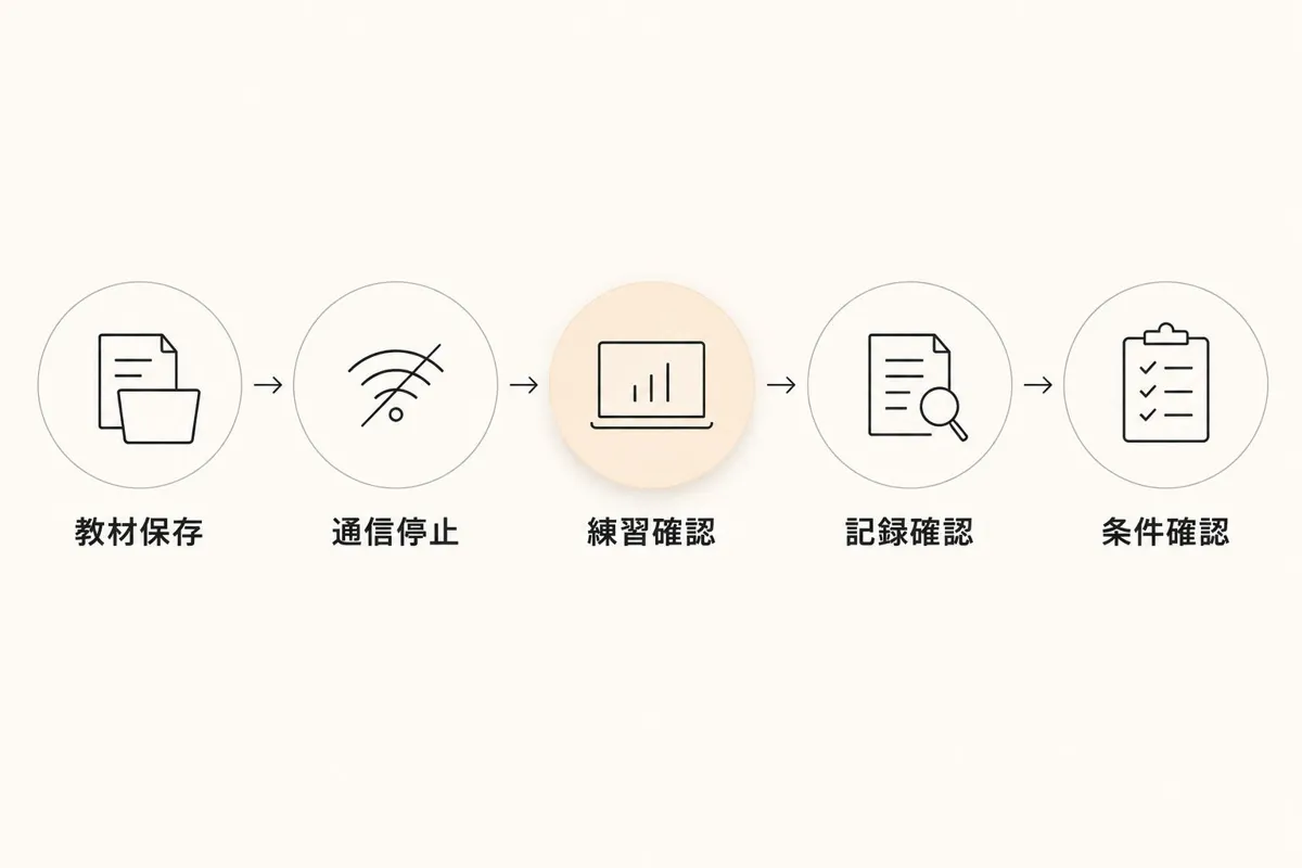 教材保存から利用条件の確認まで、オフライン利用を確かめる手順