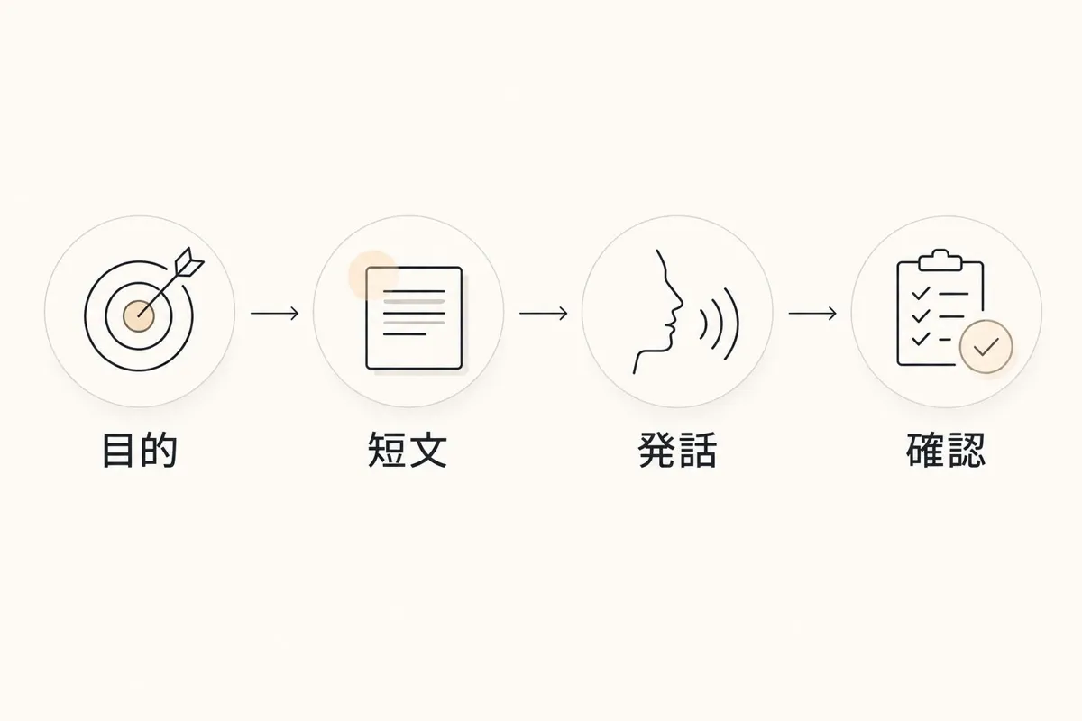 会議の目的を決め、短文を作り、発話して確認する準備の流れ