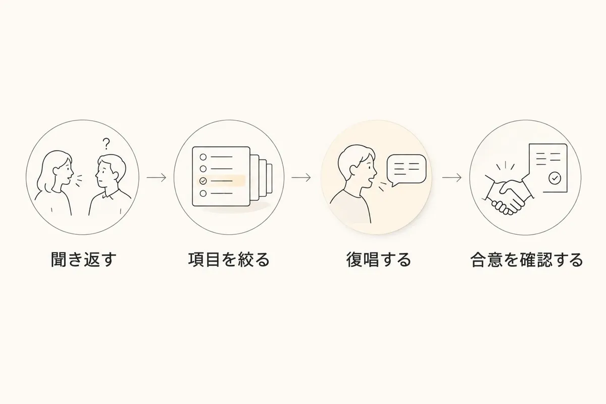 聞き返しから項目の指定、復唱、合意の確認へ進む手順