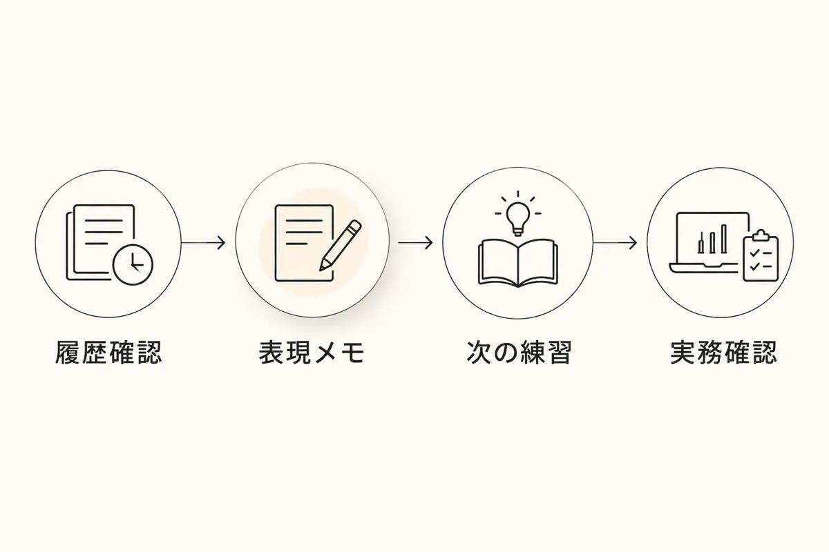 履歴確認から表現メモ、次の練習、実務確認へ進む学習記録の手順