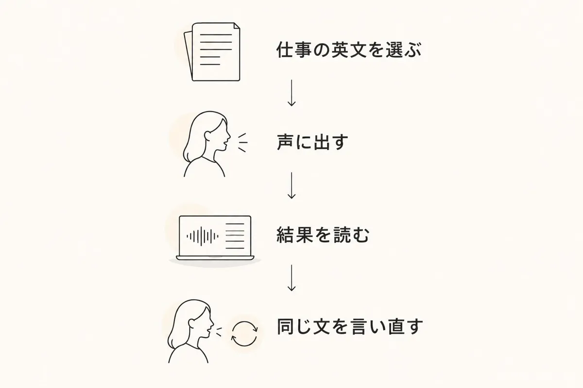 仕事の英文を選び、声に出して結果を読み、同じ文を言い直す手順