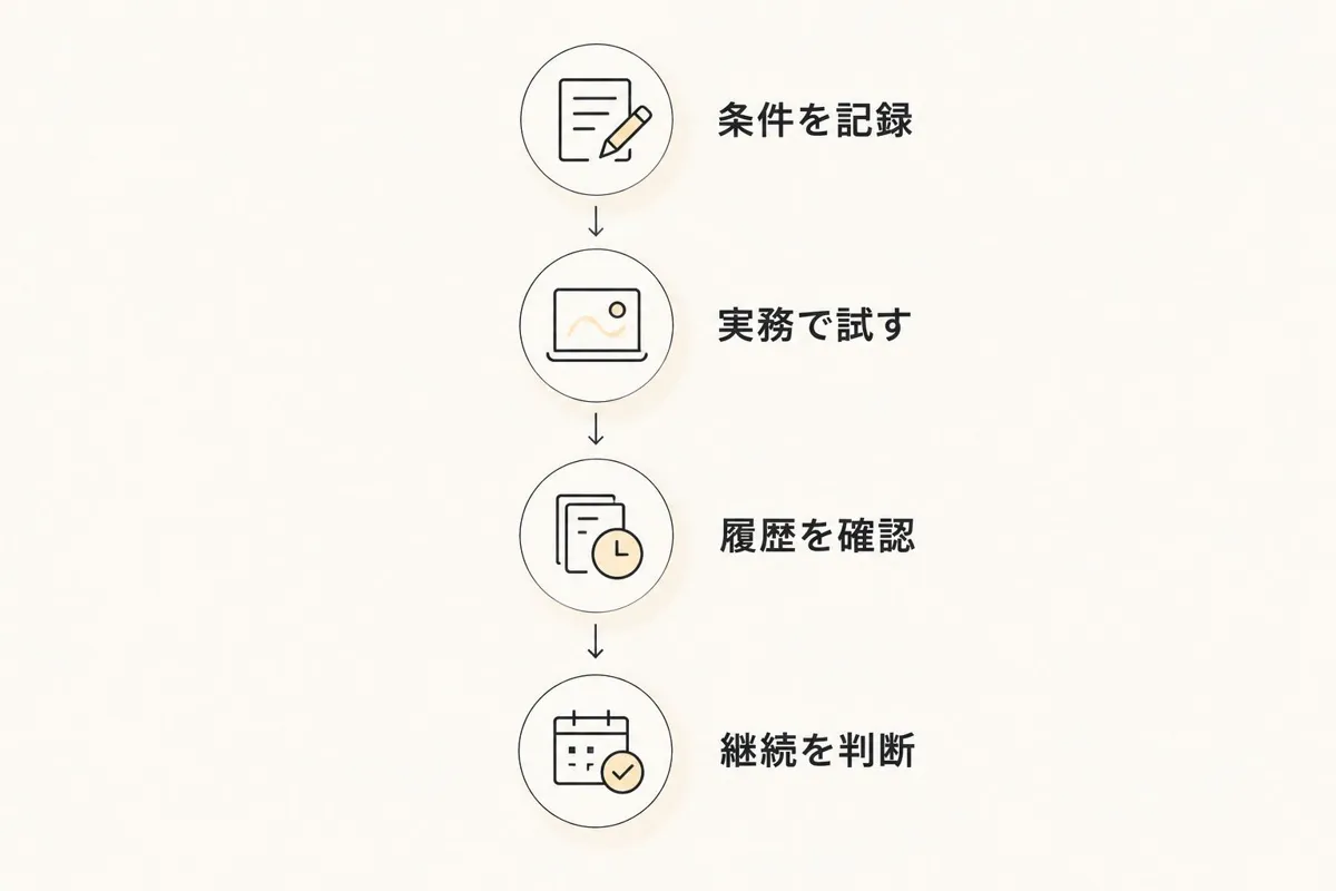 契約条件の記録から実務練習、履歴確認、継続判断へ進む手順