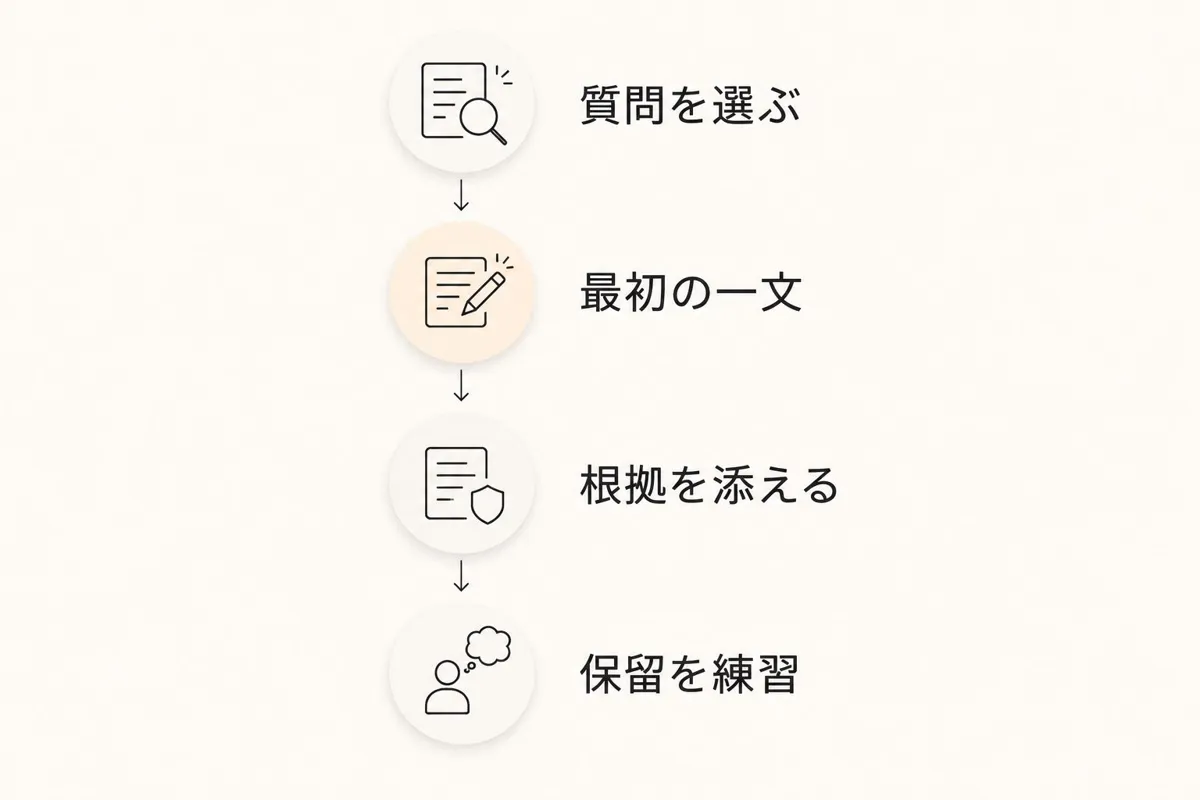 質問を選び、最初の一文と根拠を述べ、回答を保留する表現も練習する手順