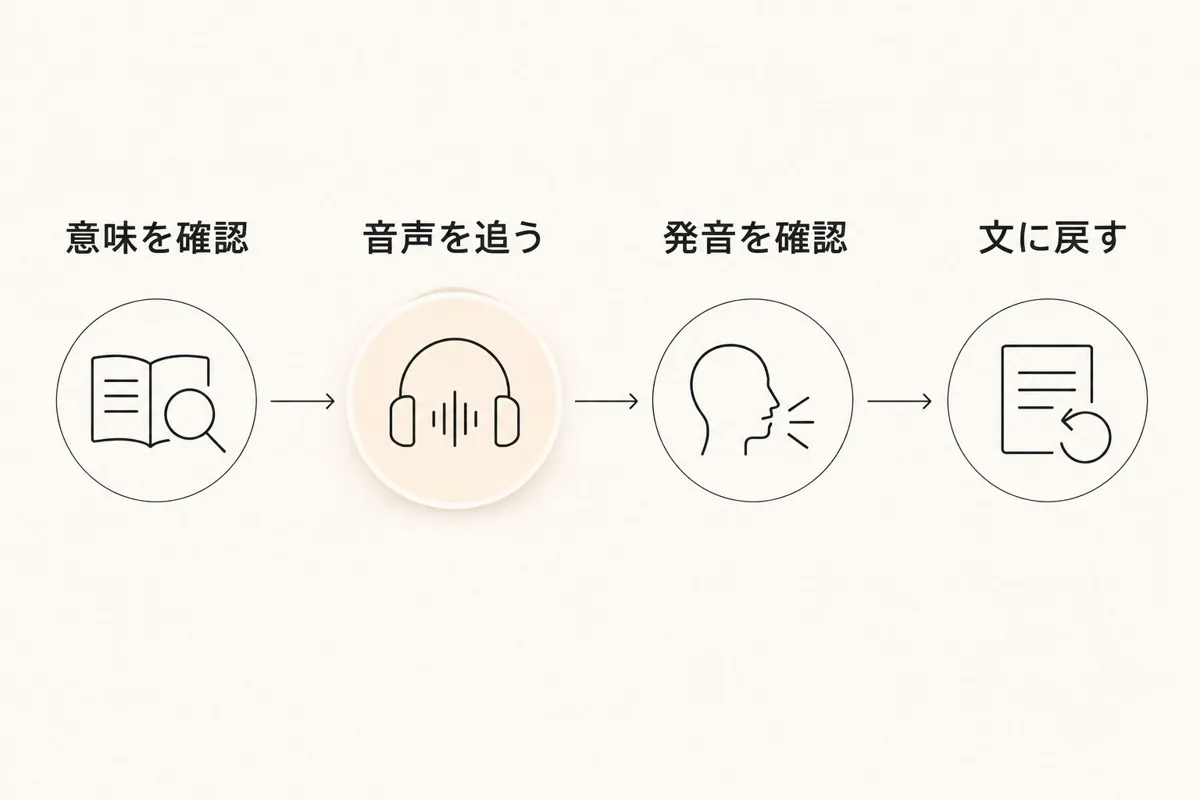 意味の確認から音声、発音の確認を経て、文全体を言い直す練習の順序