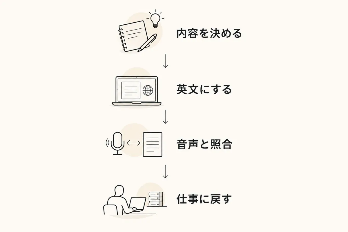 内容を決め、英文を作り、音声を確認して自分の仕事に戻す練習手順