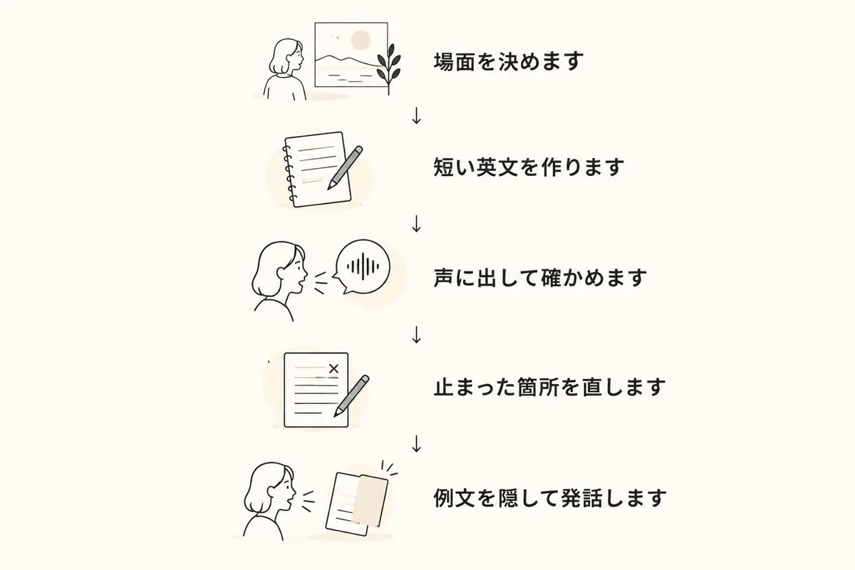 会議の場面を決め、英文を作り、発話して直し、例文を隠して言う練習の流れ