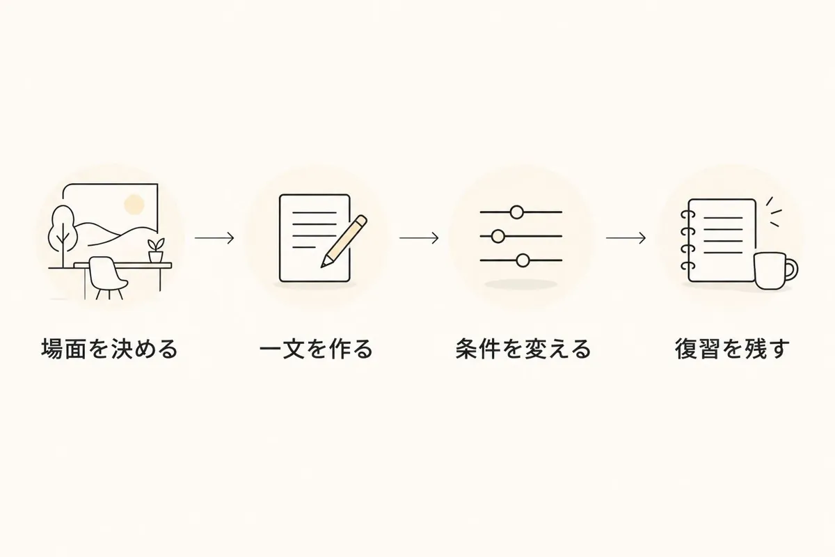 会議の場面を選び、一文を作り、条件を変えて発声し、復習を残す練習手順